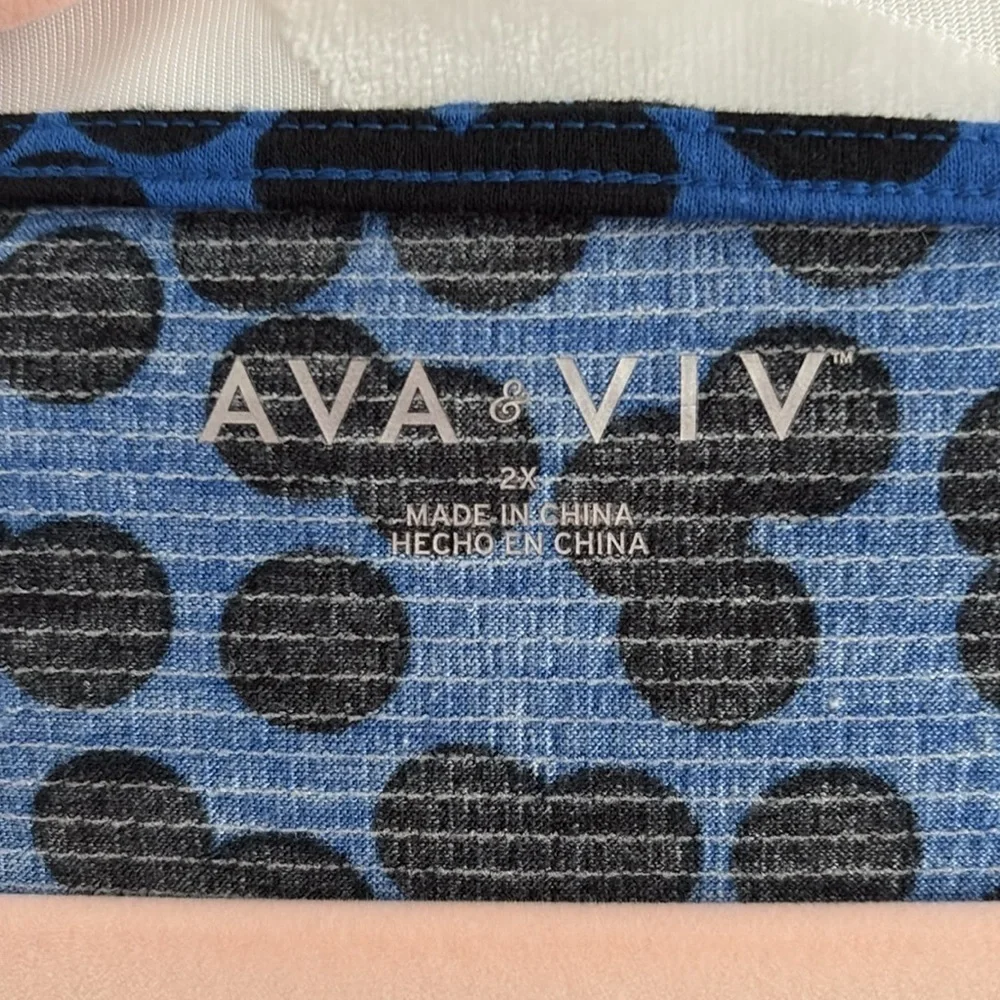 Ava & Viv Blue and Black Polka Dot Tie Front, Long  Sleeve Blouse. Size 2X=20/22